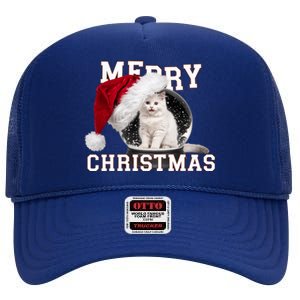 Merry Christmas Snow Globe White Cat Xmas Gift High Crown Mesh Back Trucker Hat