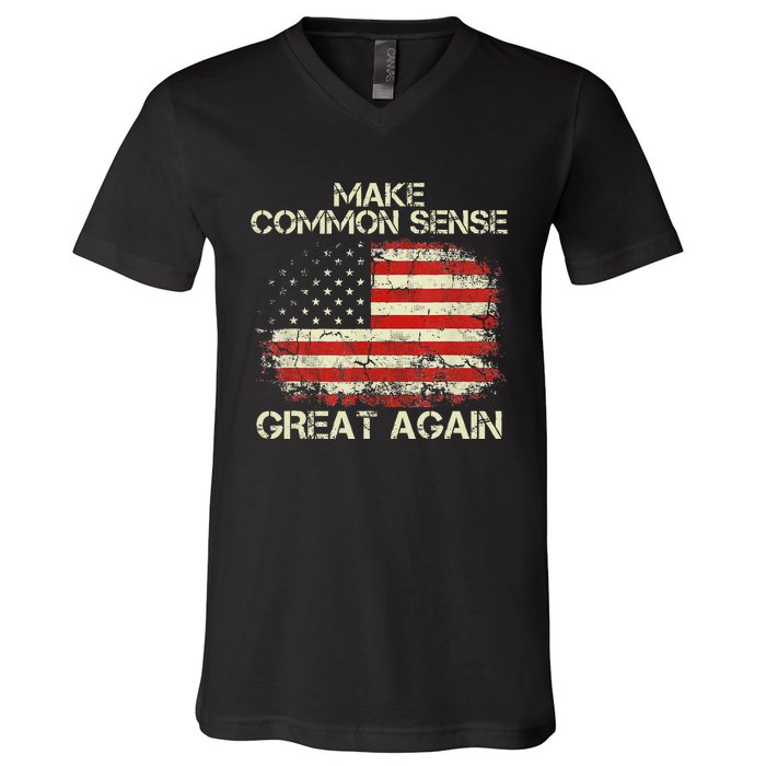 Make Common Sense Great Again Funny Humor Vintage Usa Flag V-Neck T-Shirt