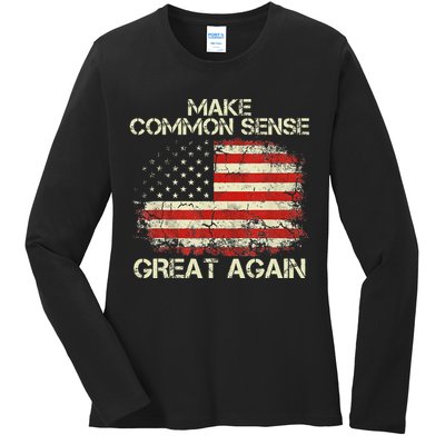 Make Common Sense Great Again Funny Humor Vintage Usa Flag Ladies Long Sleeve Shirt