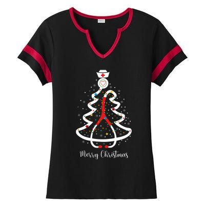 Merry Christmas Stethoscope Christmas Tree Lights Nursing Gift Ladies Halftime Notch Neck Tee