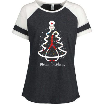 Merry Christmas Stethoscope Christmas Tree Lights Nursing Gift Enza Ladies Jersey Colorblock Tee