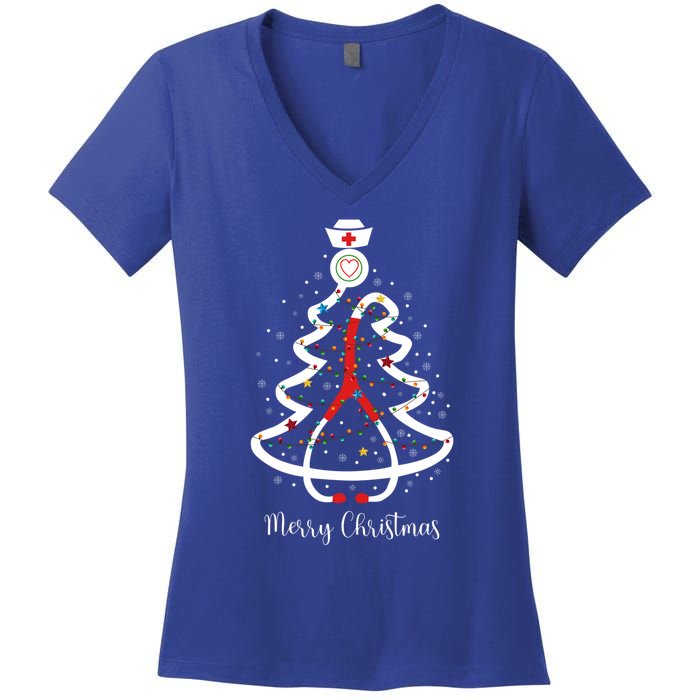 Merry Christmas Stethoscope Christmas Tree Lights Nursing Gift Women's V-Neck T-Shirt