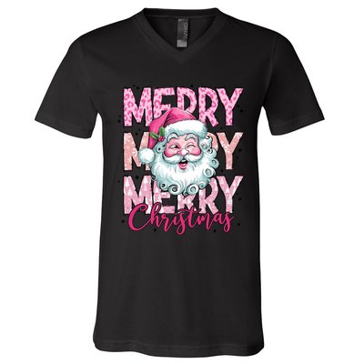 Merry Christmas Santa Claus Rero Pink V-Neck T-Shirt