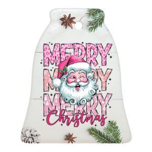 Merry Christmas Santa Claus Rero Pink Ceramic Bell Ornament