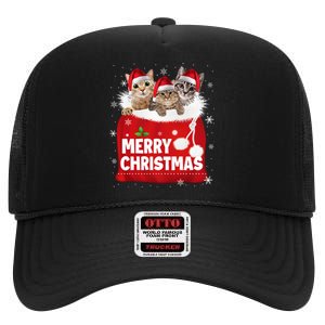 Merry Christmas Santa Cat Kitten In Xmas Santa Bag Christmas Long Sleeve High Crown Mesh Back Trucker Hat