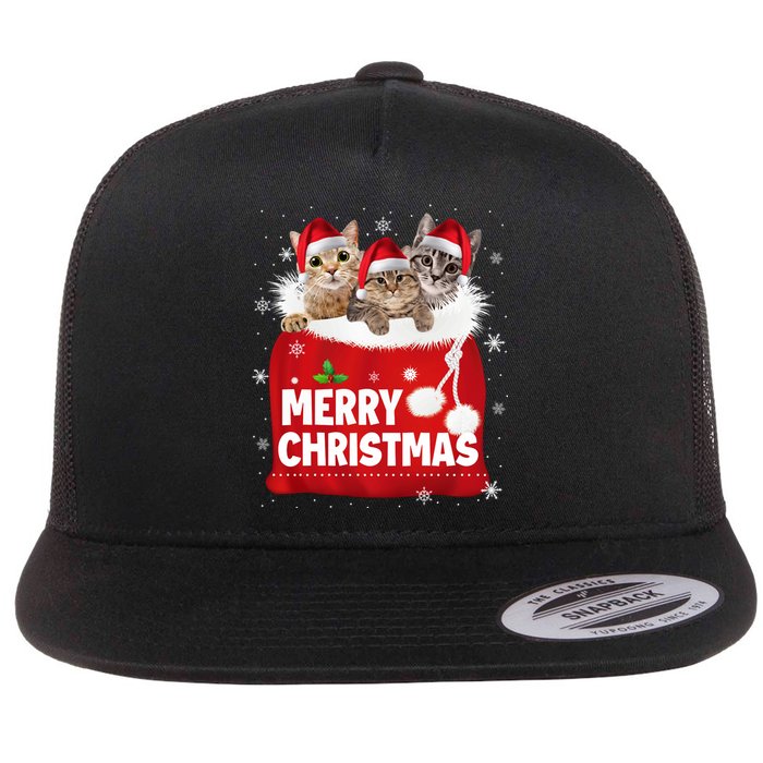 Merry Christmas Santa Cat Kitten In Xmas Santa Bag Christmas Long Sleeve Flat Bill Trucker Hat