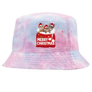 Merry Christmas Santa Cat Kitten In Xmas Santa Bag Christmas Long Sleeve Tie-Dyed Bucket Hat