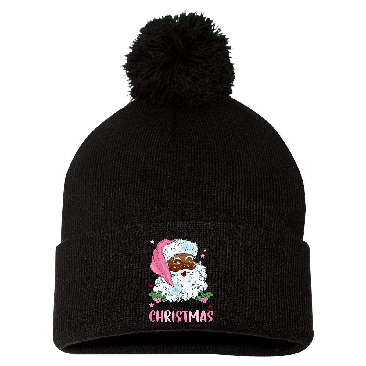 Merry Christmas Santa Claus Black Afro African American Xmas Long Sleeve Pom Pom 12in Knit Beanie