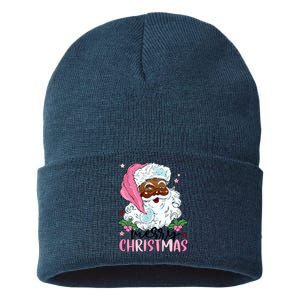 Merry Christmas Santa Claus Black Afro African American Xmas Long Sleeve Sustainable Knit Beanie