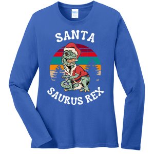 Merry Christmas Santa Saurus T Rex Dinosaurs Pun Tree Rex Cool Gift Ladies Long Sleeve Shirt