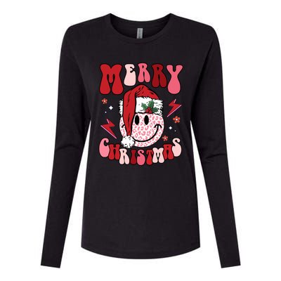 Merry Christmas Smile Face Santa Retro Groovy Xmas Leopard Gift Womens Cotton Relaxed Long Sleeve T-Shirt