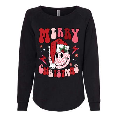 Merry Christmas Smile Face Santa Retro Groovy Xmas Leopard Gift Womens California Wash Sweatshirt