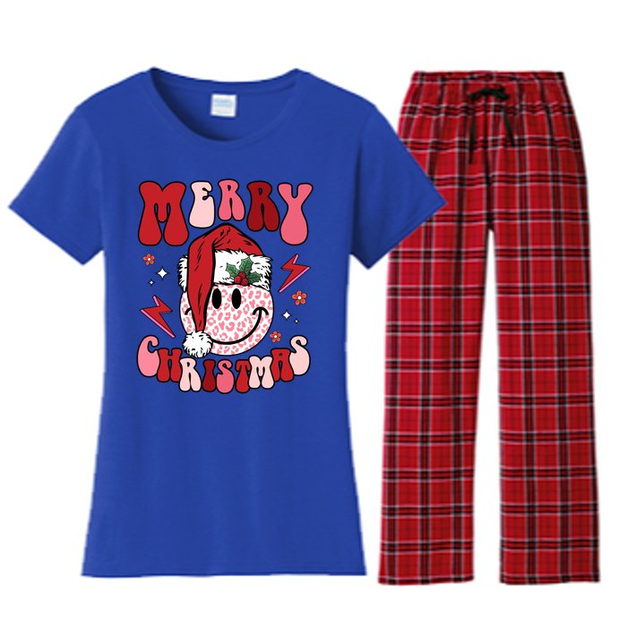 Merry Christmas Smile Face Santa Retro Groovy Xmas Leopard Gift Women's Flannel Pajama Set