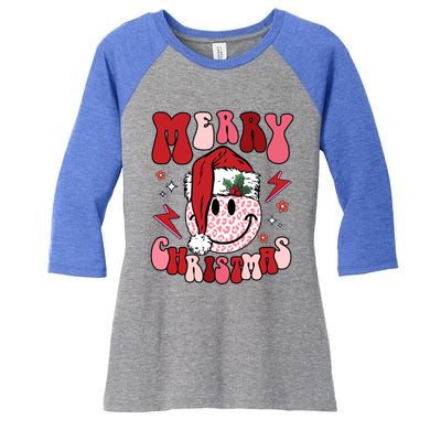 Merry Christmas Smile Face Santa Retro Groovy Xmas Leopard Gift Women's Tri-Blend 3/4-Sleeve Raglan Shirt