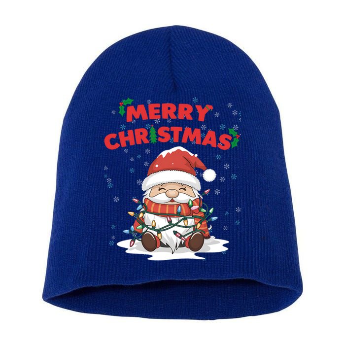 Merry Christmas Santa Gnome Wrapped In Lights Holiday Cheer Gift Short Acrylic Beanie