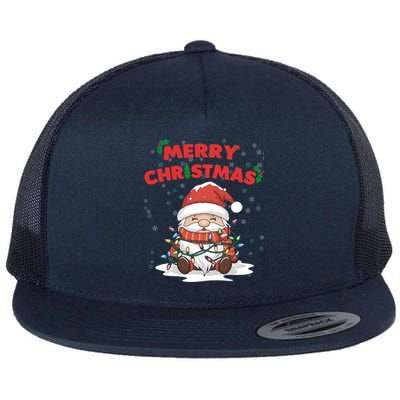 Merry Christmas Santa Gnome Wrapped In Lights Holiday Cheer Gift Flat Bill Trucker Hat