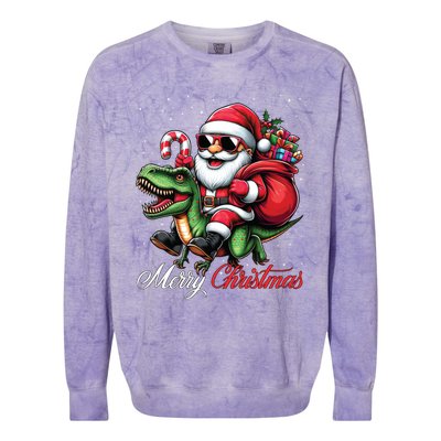 Merry Christmas Santa Claus Riding A T Rex Dinosaur Gift Colorblast Crewneck Sweatshirt