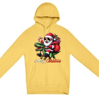 Merry Christmas Santa Claus Riding A T Rex Dinosaur Gift Premium Pullover Hoodie