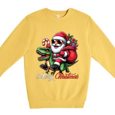 Merry Christmas Santa Claus Riding A T Rex Dinosaur Gift Premium Crewneck Sweatshirt