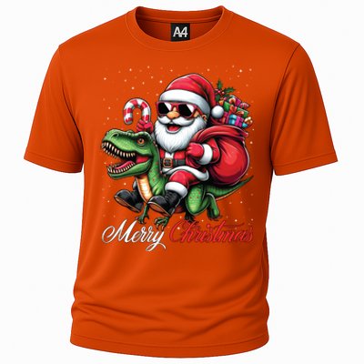 Merry Christmas Santa Claus Riding A T Rex Dinosaur Gift Cooling Performance Crew T-Shirt