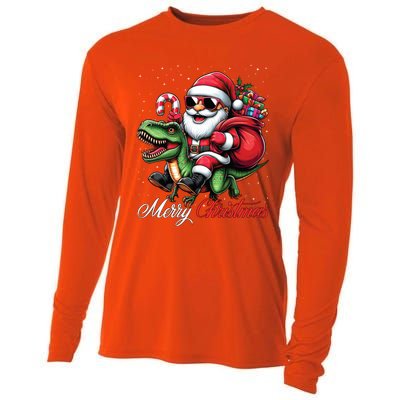 Merry Christmas Santa Claus Riding A T Rex Dinosaur Gift Cooling Performance Long Sleeve Crew