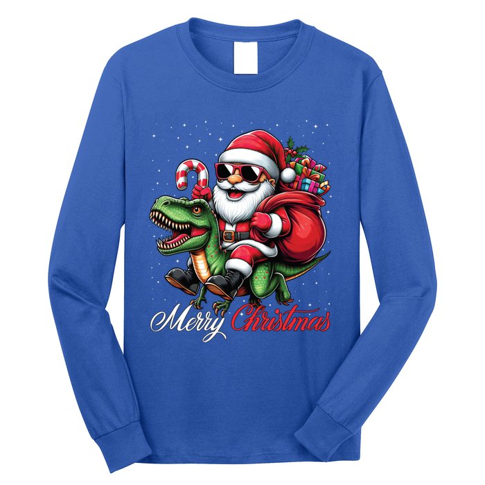 Merry Christmas Santa Claus Riding A T Rex Dinosaur Gift Long Sleeve Shirt