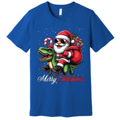 Merry Christmas Santa Claus Riding A T Rex Dinosaur Gift Premium T-Shirt