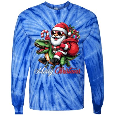 Merry Christmas Santa Claus Riding A T Rex Dinosaur Gift Tie-Dye Long Sleeve Shirt