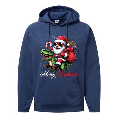 Merry Christmas Santa Claus Riding A T Rex Dinosaur Gift Performance Fleece Hoodie