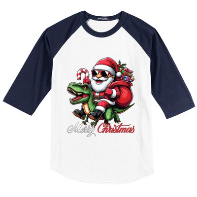 Merry Christmas Santa Claus Riding A T Rex Dinosaur Gift Baseball Sleeve Shirt