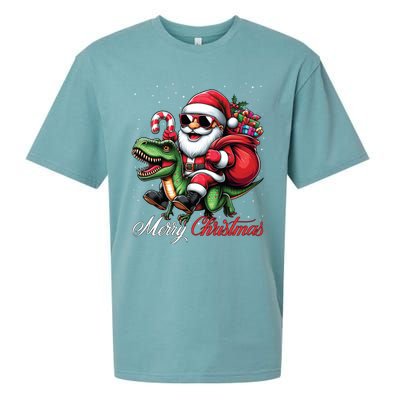 Merry Christmas Santa Claus Riding A T Rex Dinosaur Gift Sueded Cloud Jersey T-Shirt