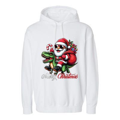 Merry Christmas Santa Claus Riding A T Rex Dinosaur Gift Garment-Dyed Fleece Hoodie