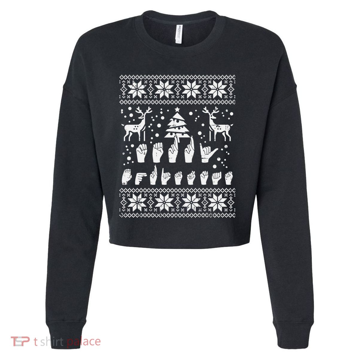 Merry Christmas Sign Language Asl Deaf Ugly Christmas Gift Cropped Pullover Crew