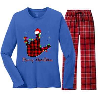 Merry Christmas Sign Language Asl Santa Hat Women's Long Sleeve Flannel Pajama Set 