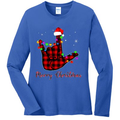 Merry Christmas Sign Language Asl Santa Hat Ladies Long Sleeve Shirt