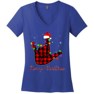 Merry Christmas Sign Language Asl Santa Hat Women's V-Neck T-Shirt