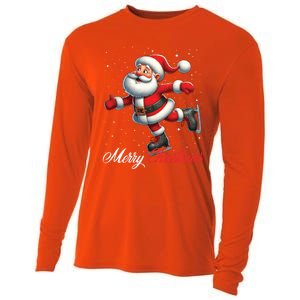 Merry Christmas Snow Santa Claus Ice Skating Ice Skater Cooling Performance Long Sleeve Crew