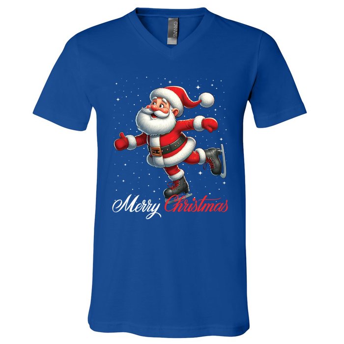 Merry Christmas Snow Santa Claus Ice Skating Ice Skater V-Neck T-Shirt