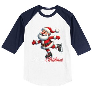 Merry Christmas Snow Santa Claus Ice Skating Ice Skater Baseball Sleeve Shirt