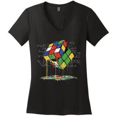 Melting Cube Speed Cubing Vintage Puzzle Math Women's V-Neck T-Shirt