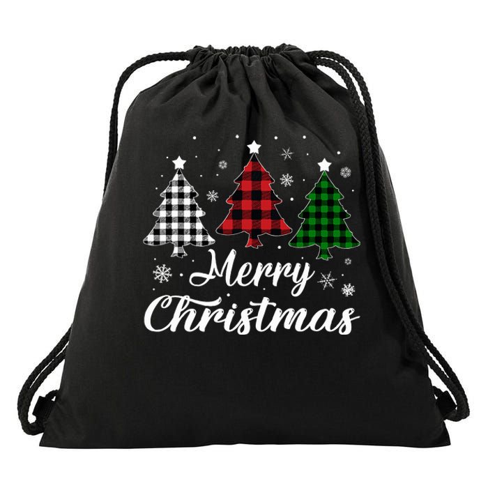 Merry Christmas Tree Xmas Buffalo Plaid Red White Green  Drawstring Bag