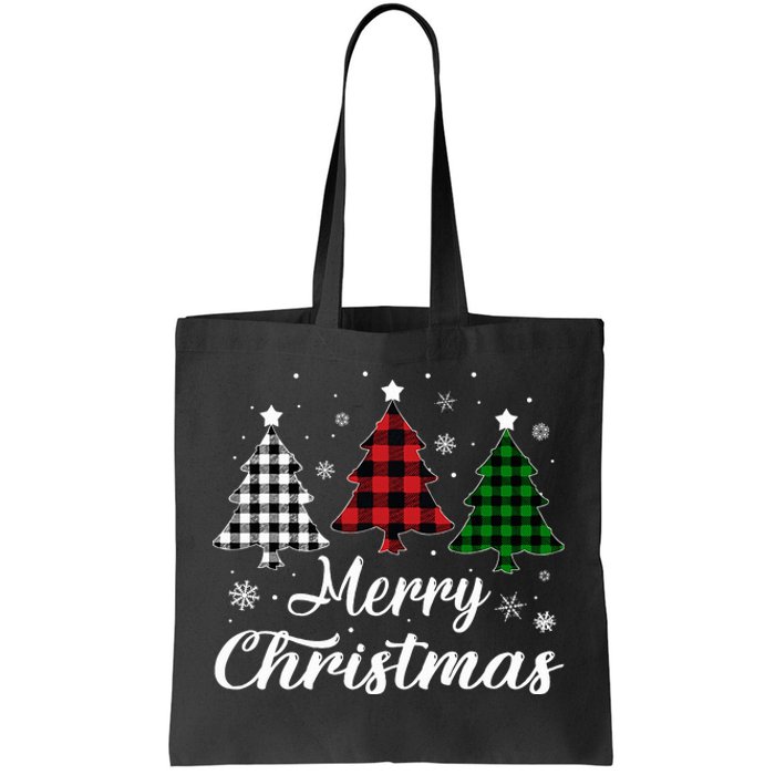 Merry Christmas Tree Xmas Buffalo Plaid Red White Green  Tote Bag