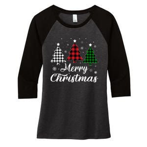 Merry Christmas Tree Xmas Buffalo Plaid Red White Green  Women's Tri-Blend 3/4-Sleeve Raglan Shirt