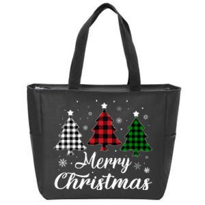 Merry Christmas Tree Xmas Buffalo Plaid Red White Green  Zip Tote Bag