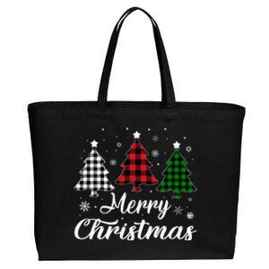 Merry Christmas Tree Xmas Buffalo Plaid Red White Green  Cotton Canvas Jumbo Tote