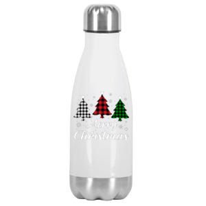 Merry Christmas Tree Xmas Buffalo Plaid Red White Green  Stainless Steel Insulated Water Bottle