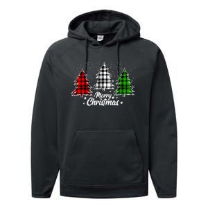 Merry Christmas Tree Xmas Buffalo Plaid Red White Green Performance Fleece Hoodie