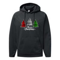 Merry Christmas Tree Xmas Buffalo Plaid Red White Green Performance Fleece Hoodie