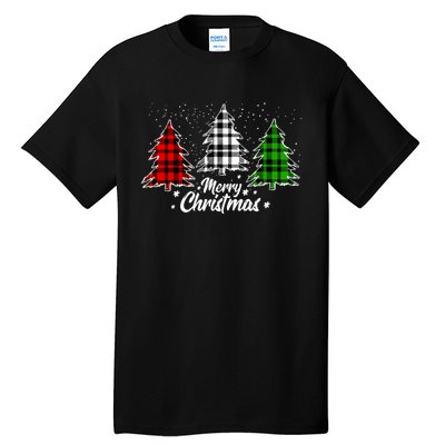 Merry Christmas Tree Xmas Buffalo Plaid Red White Green Tall T-Shirt