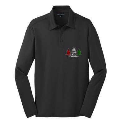 Merry Christmas Tree Xmas Buffalo Plaid Red White Green Silk Touch Performance Long Sleeve Polo